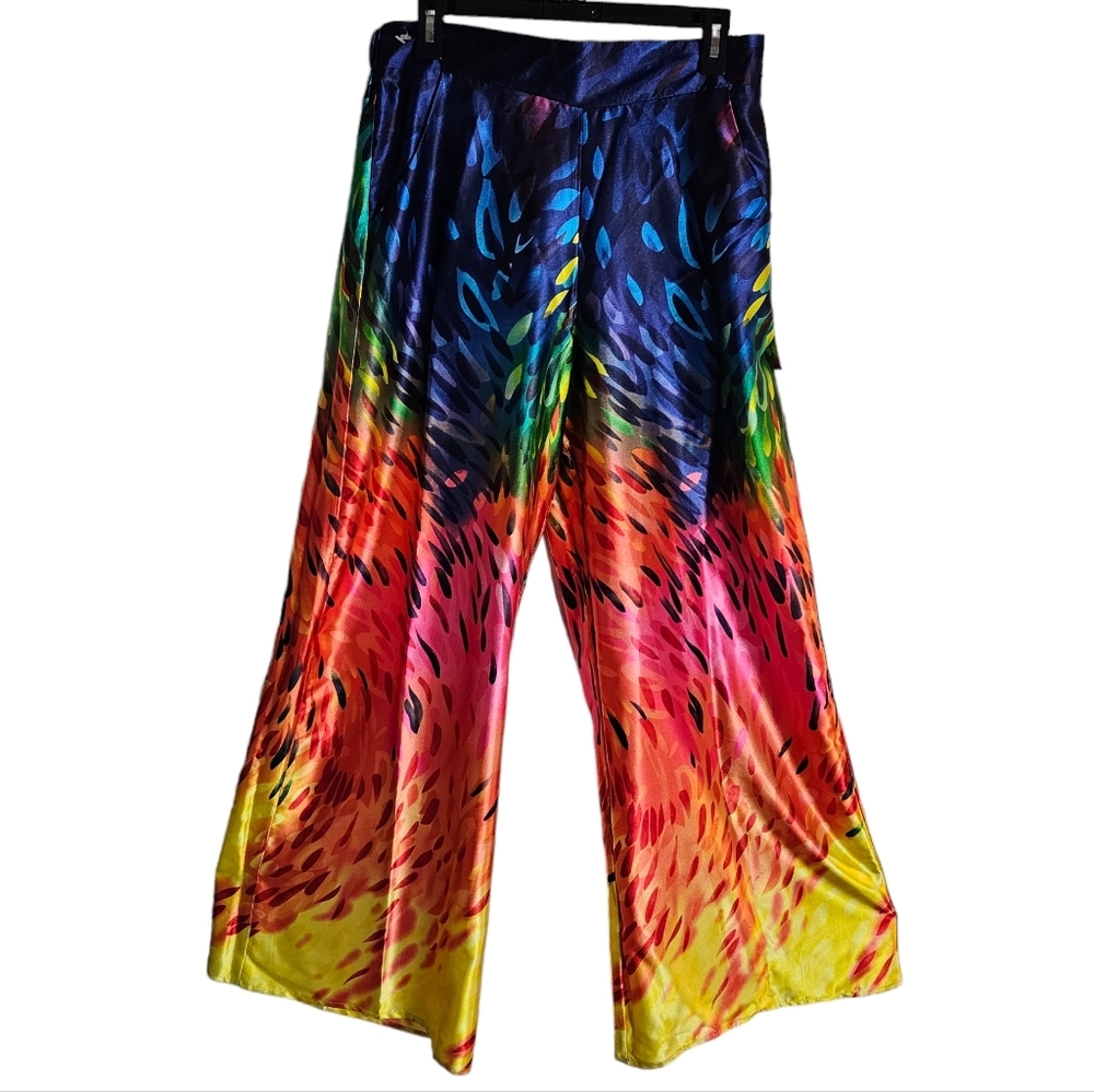 Kerry Damiano Charmeuse Satin Palazzo Pants Sz Medium Colorful Wide Leg Festival